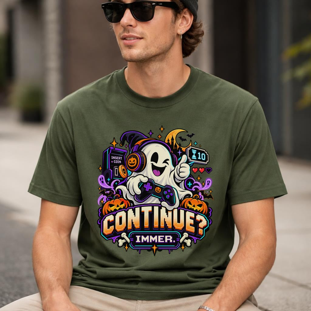 Halloween Gamer T-Shirt Herren Continue Immer Geist Gaming Shirt Retro Arcade Geschenk Gamer Nerd
