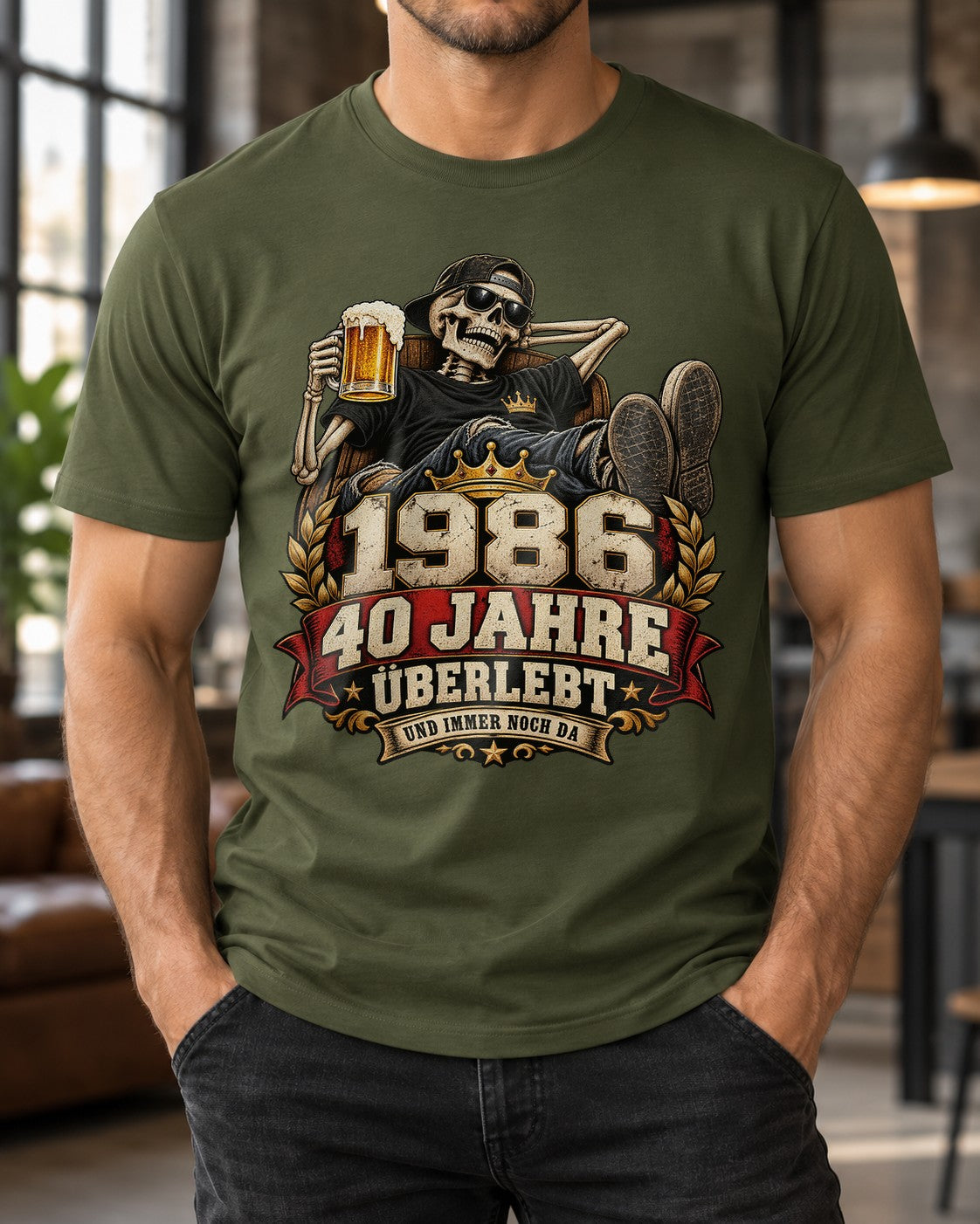 1986 40 Jahre Überlebt T-Shirt Herren, lustiges 40. Geburtstag Shirt mit Skelett Bier, Geschenk zum Vierzigsten