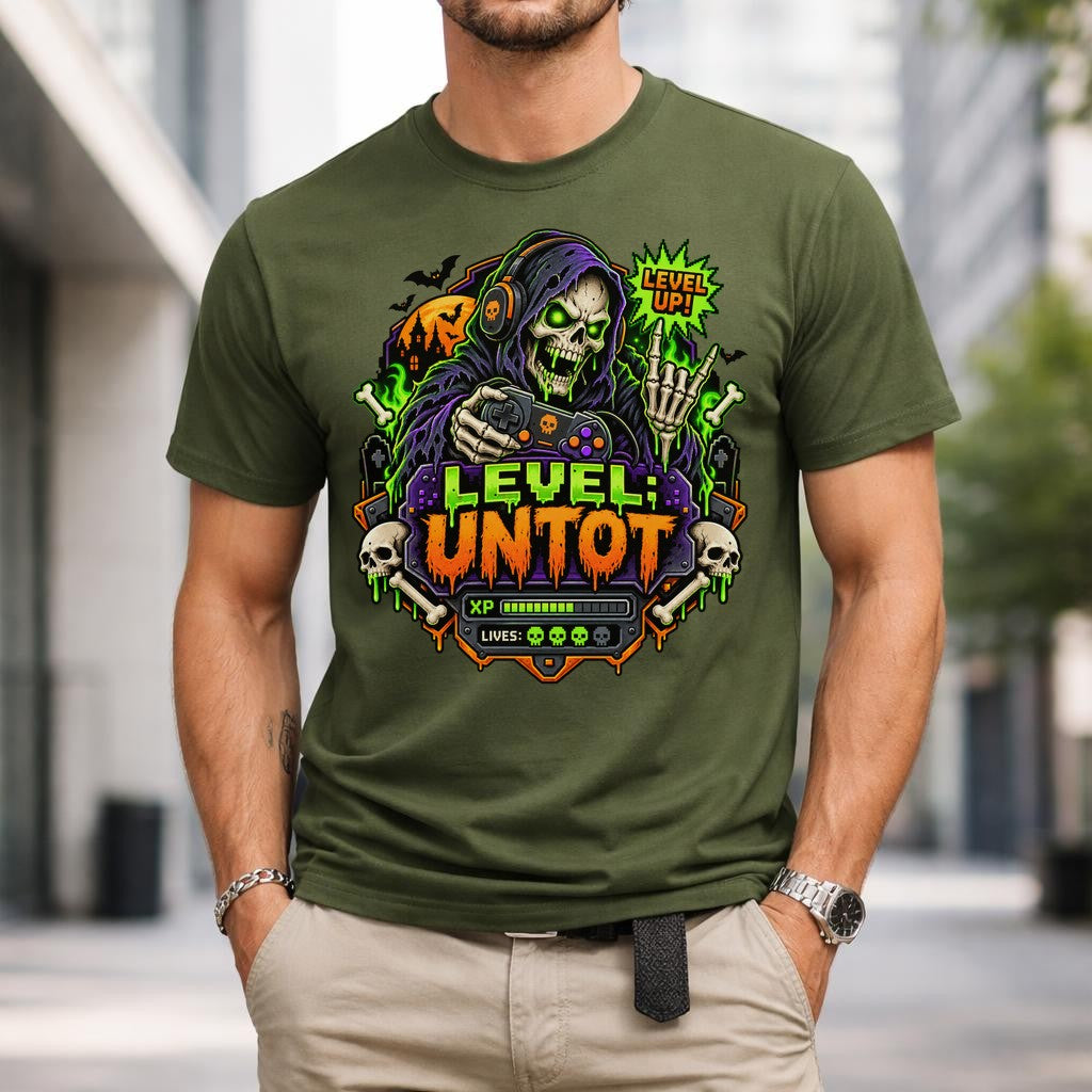Level Untot Gamer T-Shirt Herren Damen, Lustiges Gaming Halloween Shirt, Skelett Zocker Tee, Nerd Geschenk