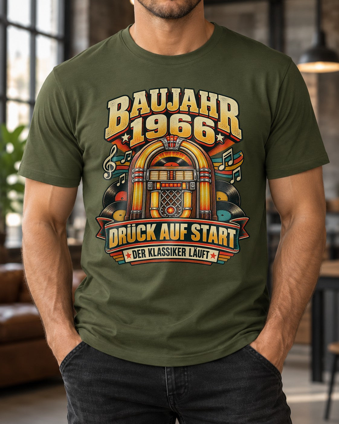 Baujahr 1966 T-Shirt Herren Retro Jukebox Geburtstag Shirt Druck auf Start Der Klassiker läuft Geschenk Mann