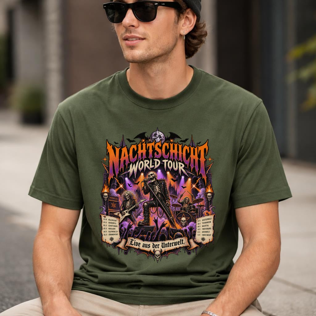 Nachtschicht World Tour T-Shirt Herren Unisex, Gothic Metal Konzertshirt, Live aus der Unterwelt, schwarzes Oversized Shirt