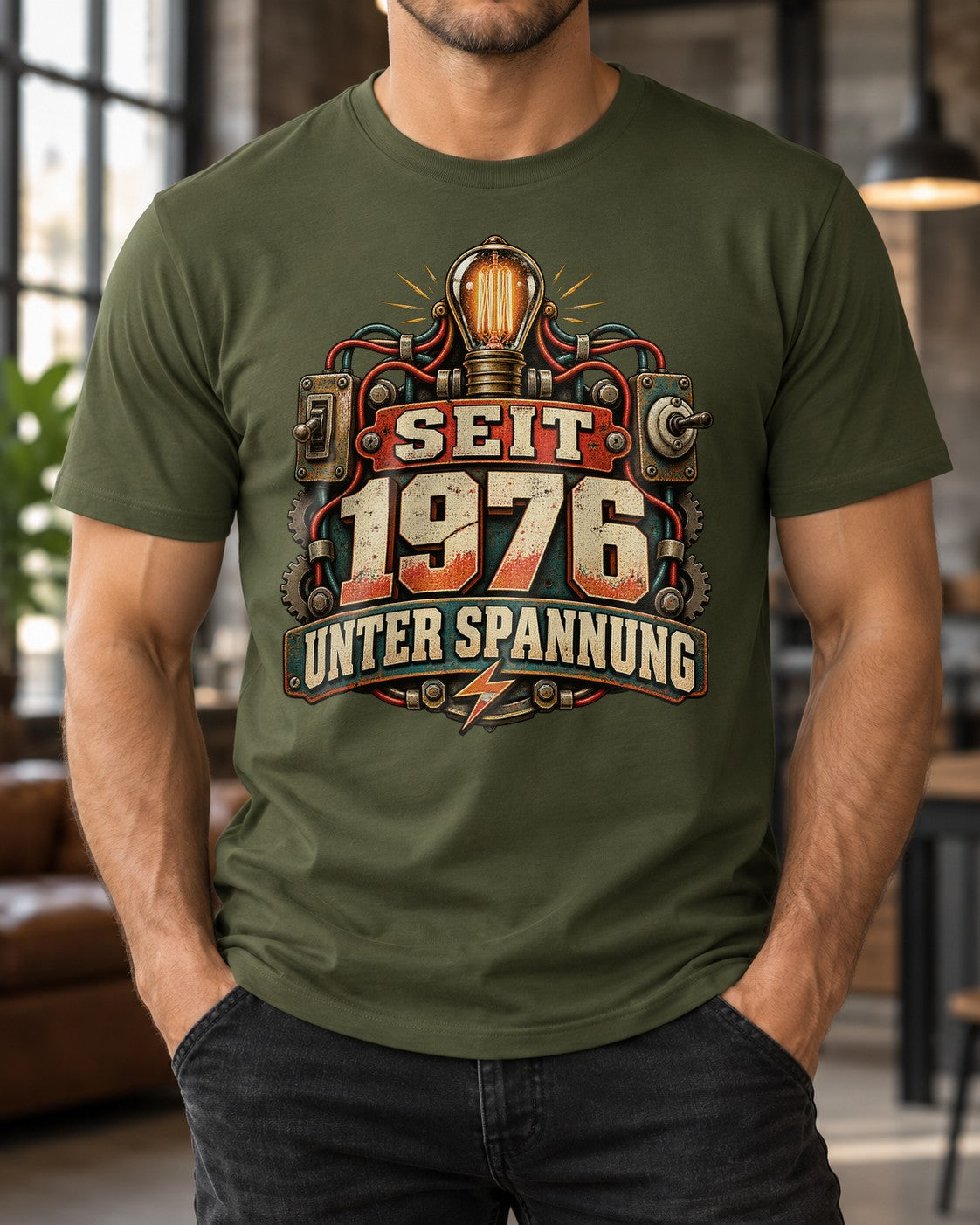 Seit 1976 unter Spannung T-Shirt Herren, Elektriker Geburtstag Shirt, Vintage Mechaniker Funshirt, Jahrgang 1976 Geschenk