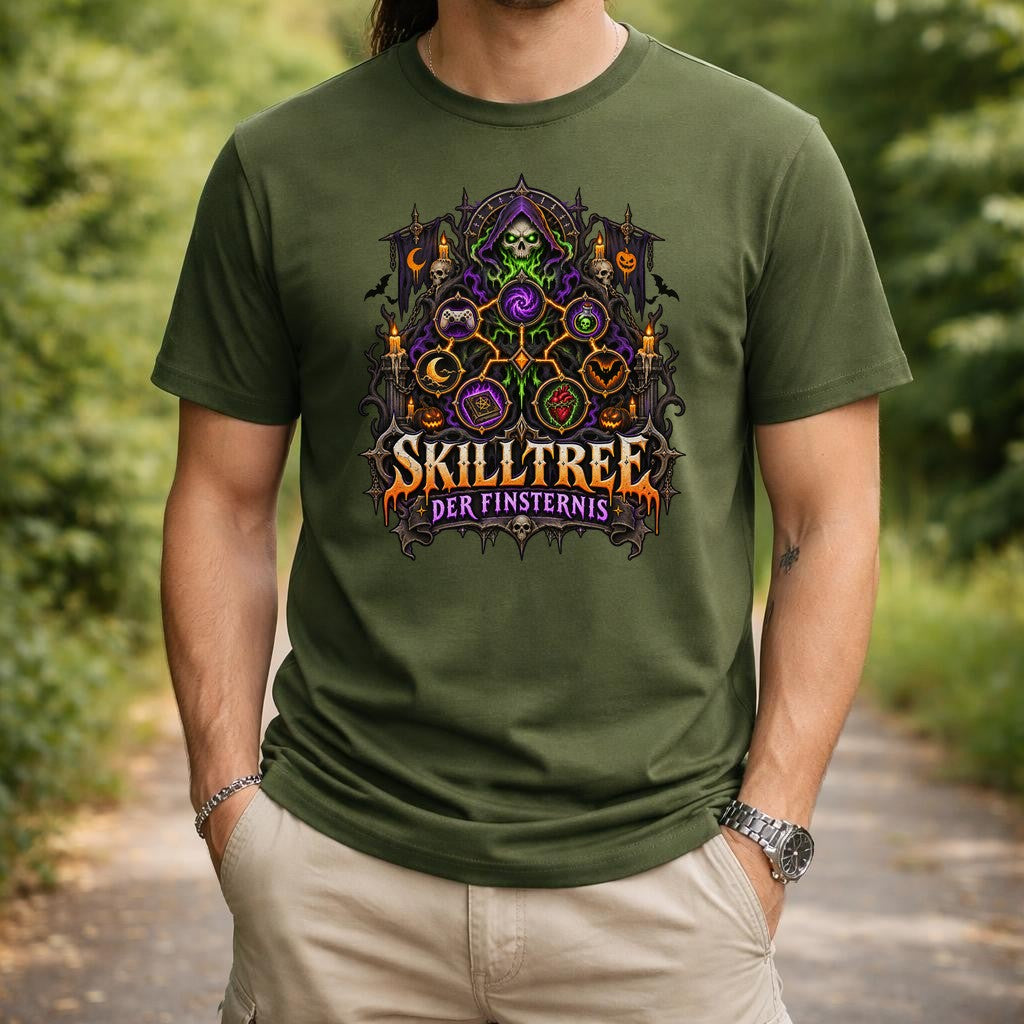 Skilltree der Finsternis T-Shirt Gamer Gothic Halloween Unisex, Dunkle Fantasy Shirt mit Skelett Magie Motiv