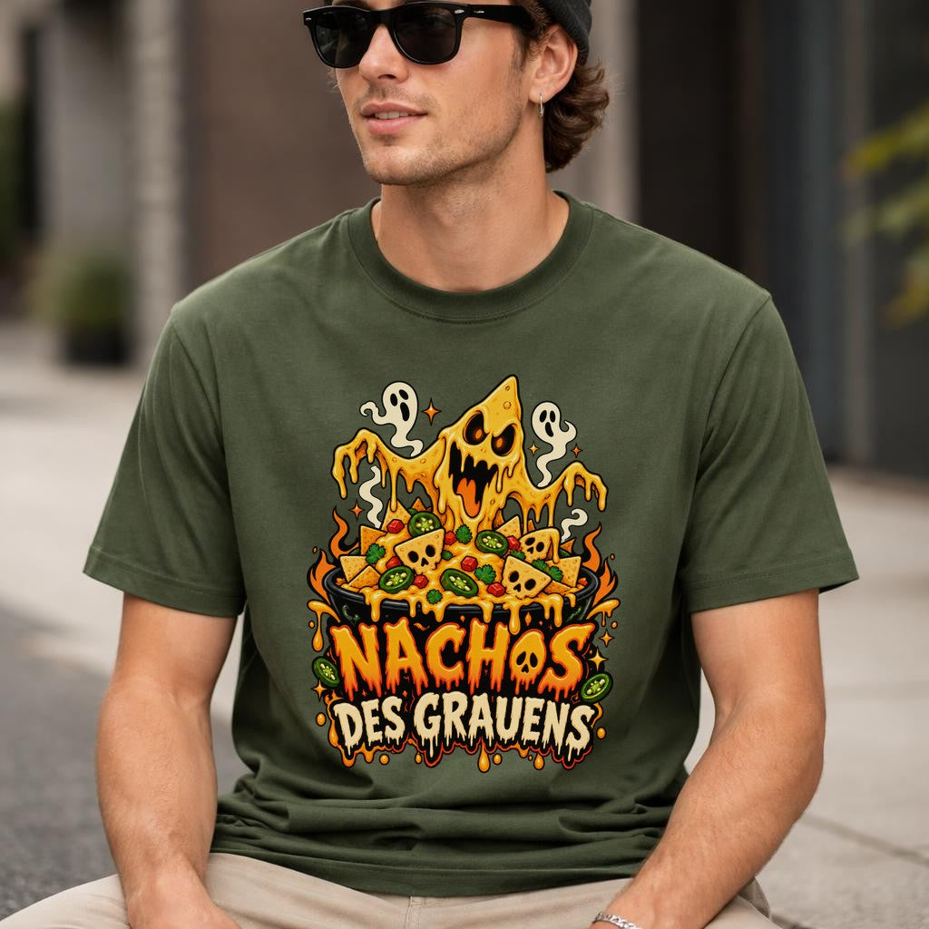 Nachos des Grauens T-Shirt lustig Halloween Horror Snack Shirt Unisex Grusel Foodie Geschenk schwarzes Tee