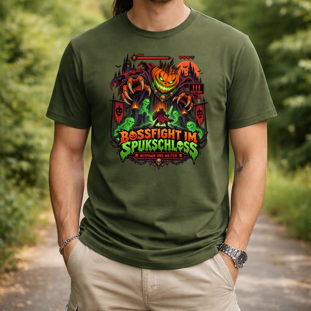 Bossfight im Spukschloss T-Shirt Halloween Gamer Shirt Unisex Grusel Gaming Funshirt Pumpkin Boss Tee