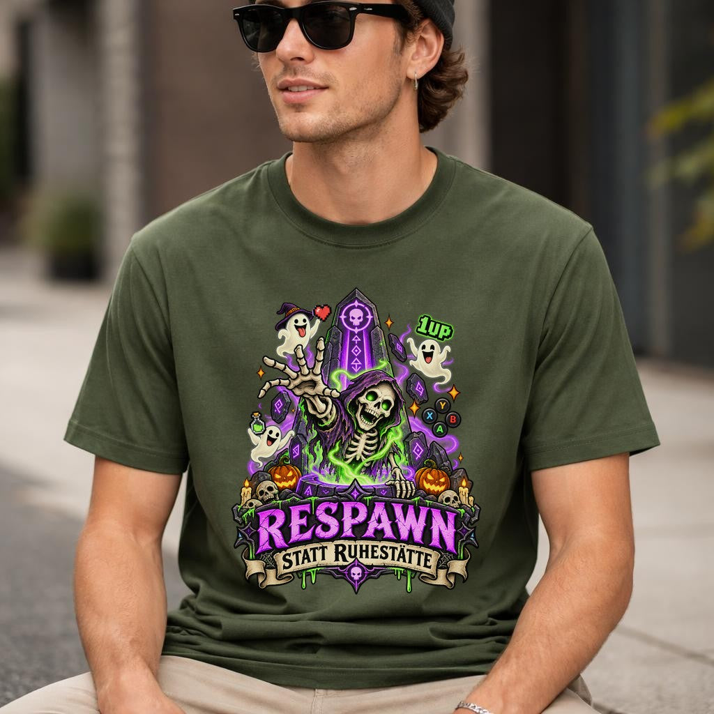 Respawn statt Ruhestätte T-Shirt Gamer Halloween Skelett Ghost Retro Gaming Geschenk Unisex