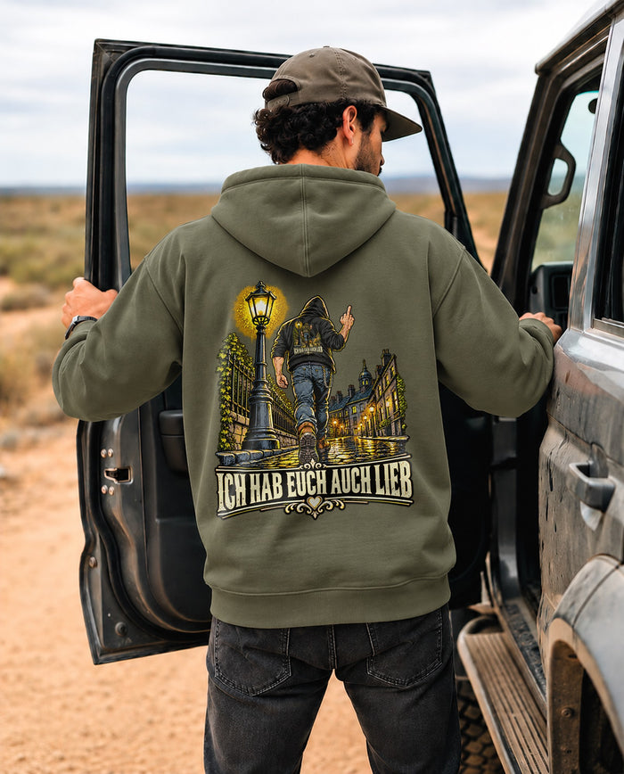 Naechtlicher Spaziergang Backprint Hoodie mit Ich Hab Euch Auch Lieb Spruch - dunkler Streetwear Rueckenprint