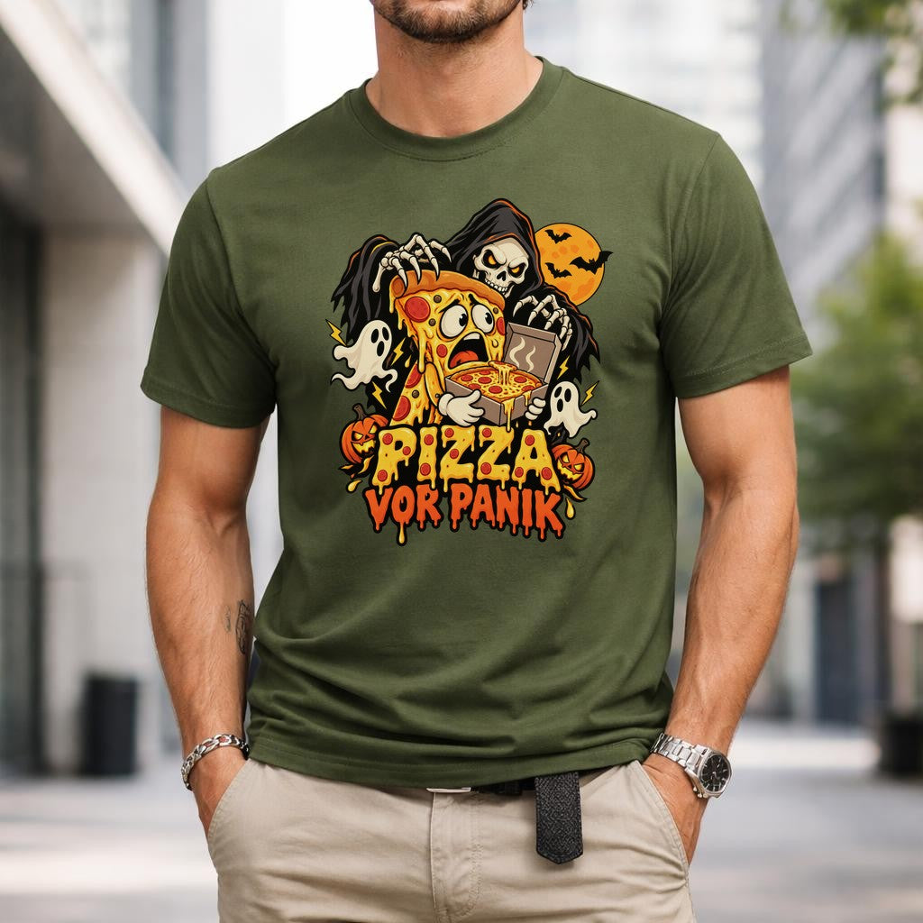 Pizza vor Panik T-Shirt Halloween Lustig Skelett Pizza Shirt Unisex Grusel Funshirt Geschenk
