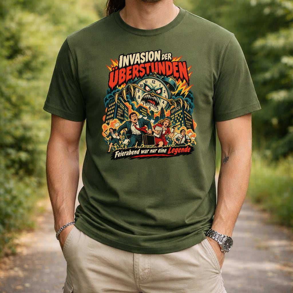 Invasion der Überstunden T-Shirt Herren Lustig Büro Spruch Retro Monster Clock Shirt Feierabend Legende Geschenk Kollege