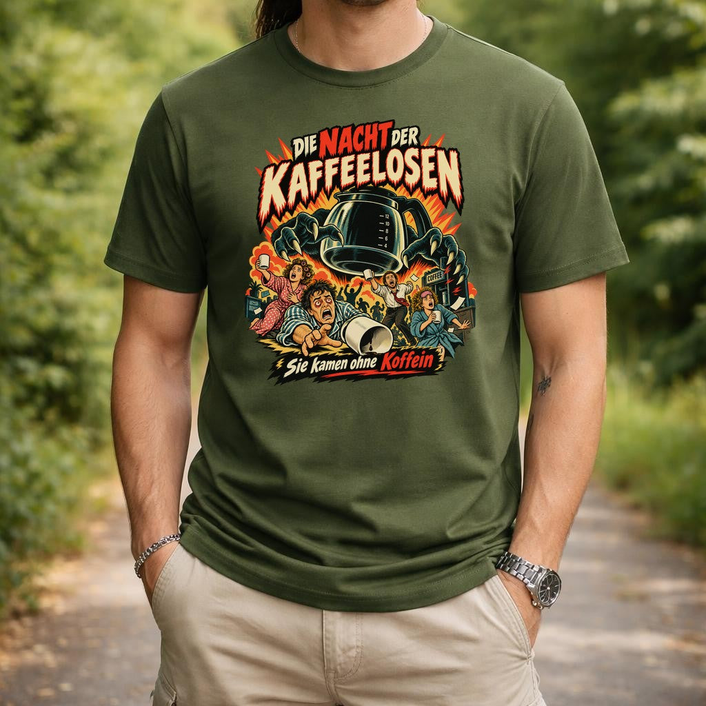 Die Nacht der Kaffeelosen T-Shirt lustig, Kaffee Humor Shirt, Retro Horror Koffein Funshirt Unisex