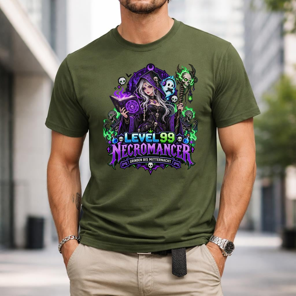 Level 99 Necromancer T-Shirt Herren Damen, Gamer Fantasy Shirt, Grinden bis Mitternacht, Gothic RPG Funshirt