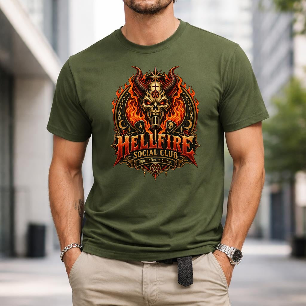 Hellfire Social Club T-Shirt Herren Gothic Metal Shirt mit Dämon Totenkopf Flammen Print Dark Fantasy Rock Geschenk