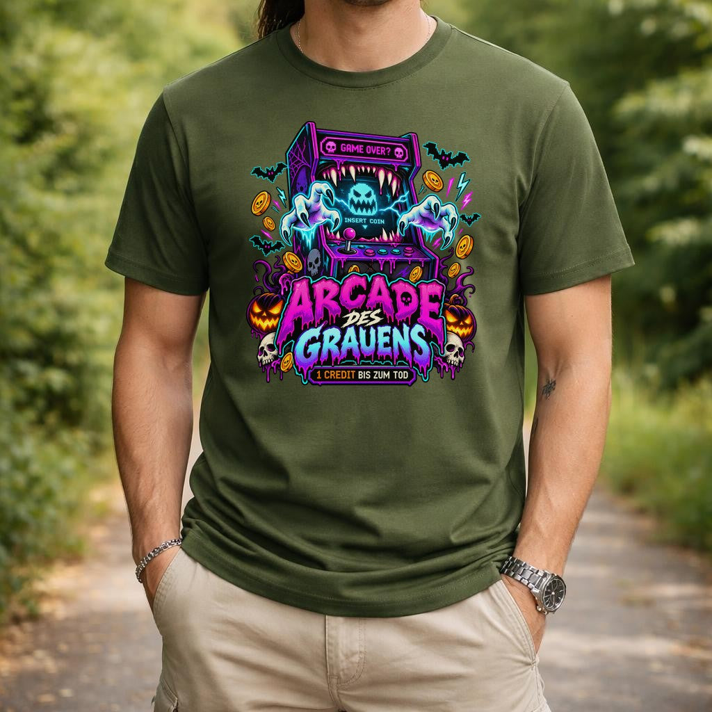 Arcade des Grauens T-Shirt Herren Damen, Horror Gamer Shirt, Halloween Retro Arcade Tee, Neon Grusel Funshirt Unisex
