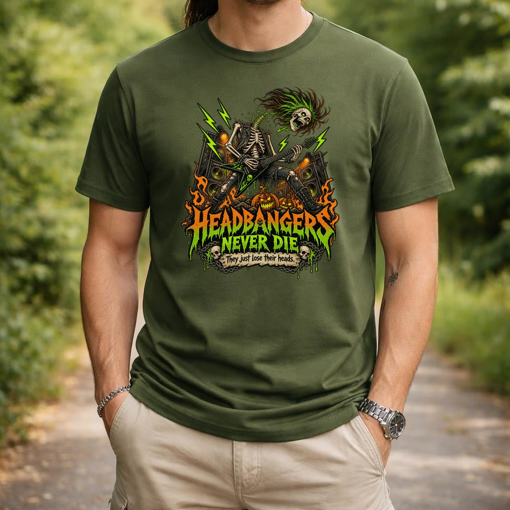 Headbangers Never Die T-Shirt Herren Unisex, Metal Halloween Shirt mit Skelett Gitarrist, Rocker Geschenk lustig
