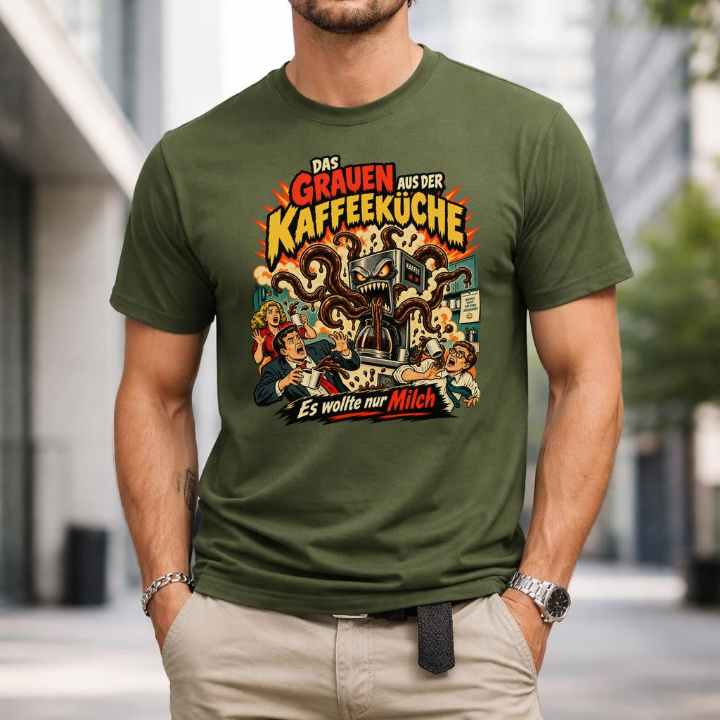 Lustiges Büro Kaffee T-Shirt Herren Damen – Das Grauen aus der Kaffeeküche – Sarkastisches Funshirt Arbeit