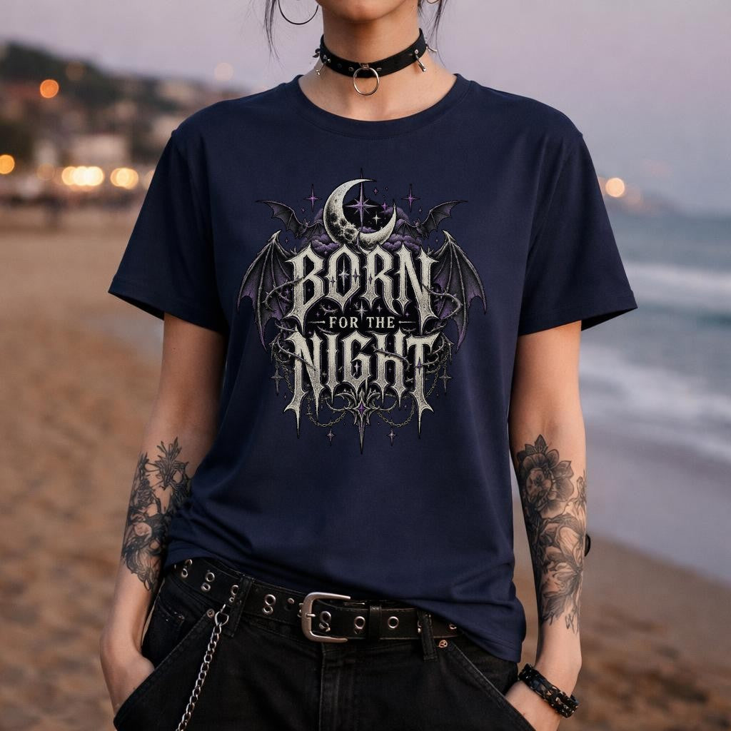 Born for the Night T-Shirt Damen Gothic Retro Moon Bat Alternative Style