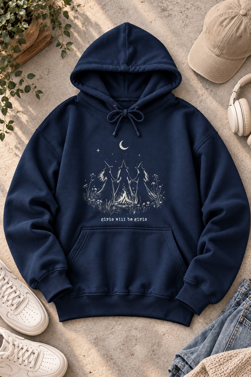 Witchy Hoodie Damen Schwarz Girls Will Be Girls Hexen Grafik Hoodie Boho Gothic Moon Pullover Geschenk für Frauen