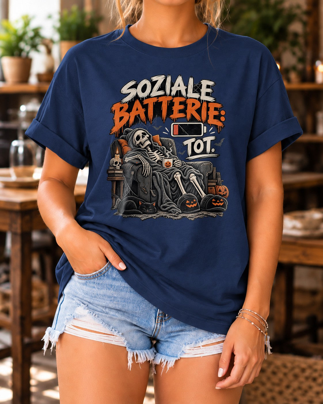 Soziale Batterie Tot T-Shirt Herren Damen Halloween Skelett Shirt lustig Introvertiert Gothic Herbst Geschenk