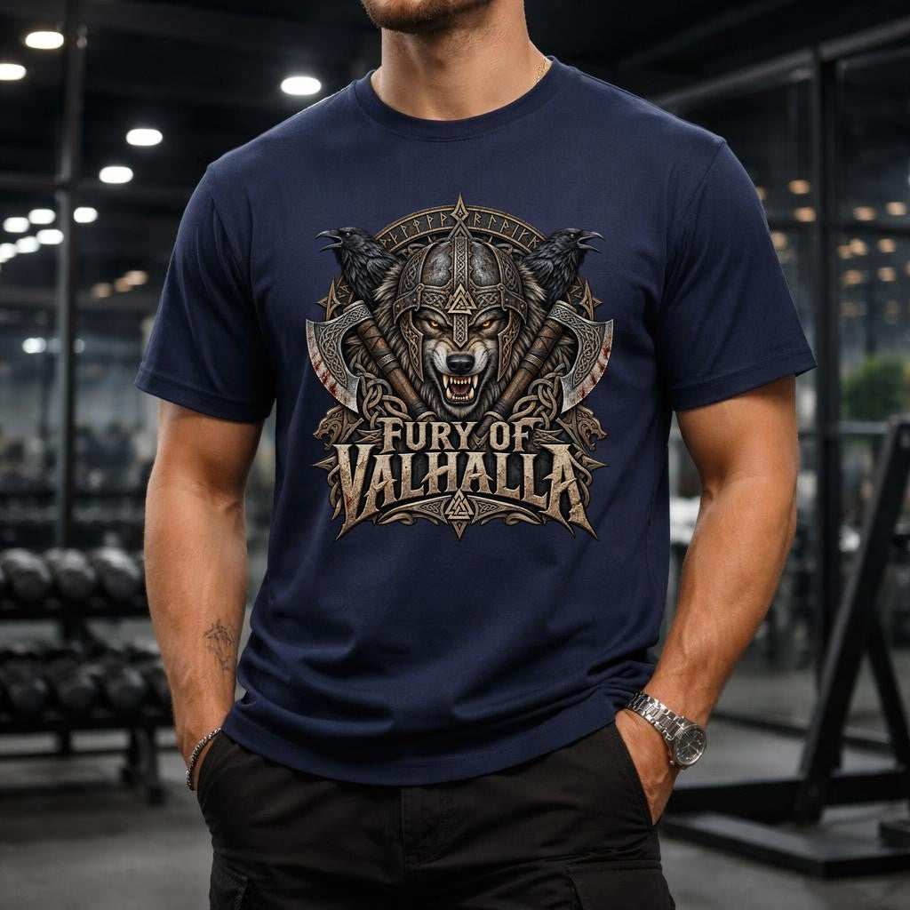 Wikinger T-Shirt Valhalla Wolf, Viking Biker Shirt Herren, Nordic Raven Tee, Geschenk für Motorradfans