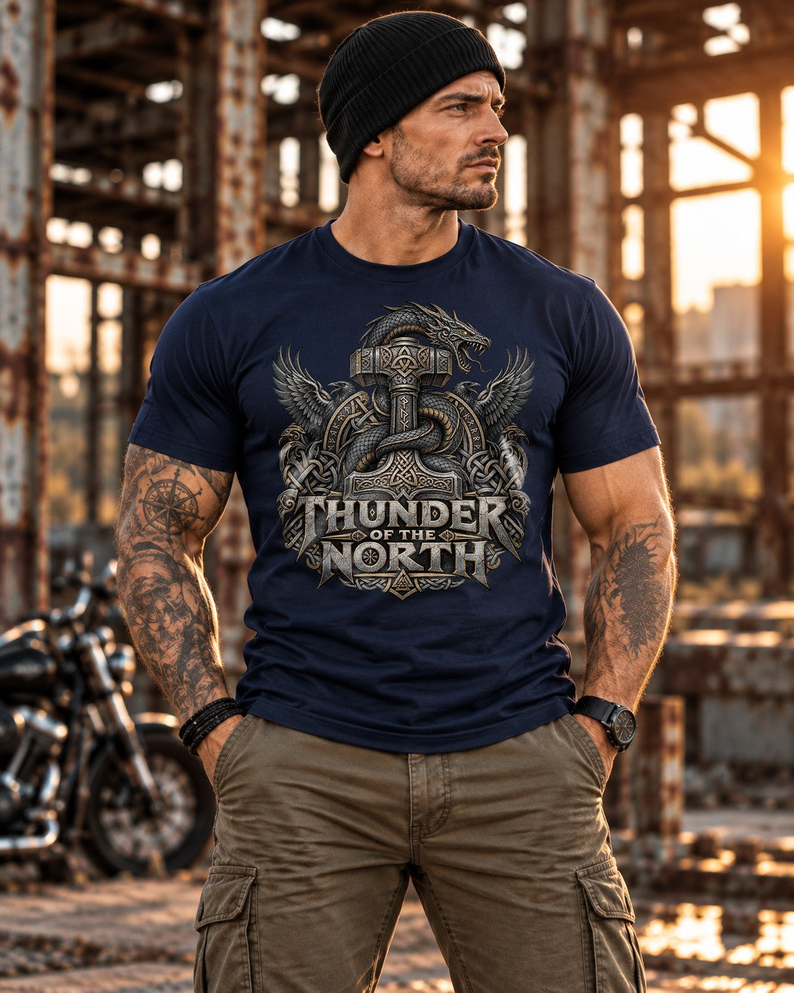 Thunder of the North T-Shirt Herren Wikinger Norse Mythologie Thor Hammer Drachen Raben Nordic Fantasy Shirt