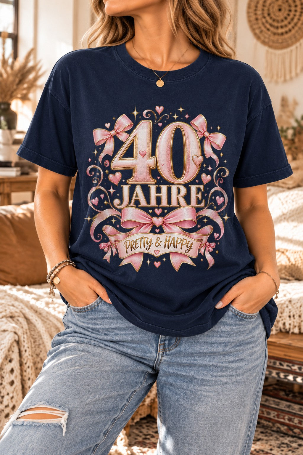 Personalisiertes Geburtstag T-Shirt Damen mit Alter – Pretty & Happy Schleifen Shirt Geschenk