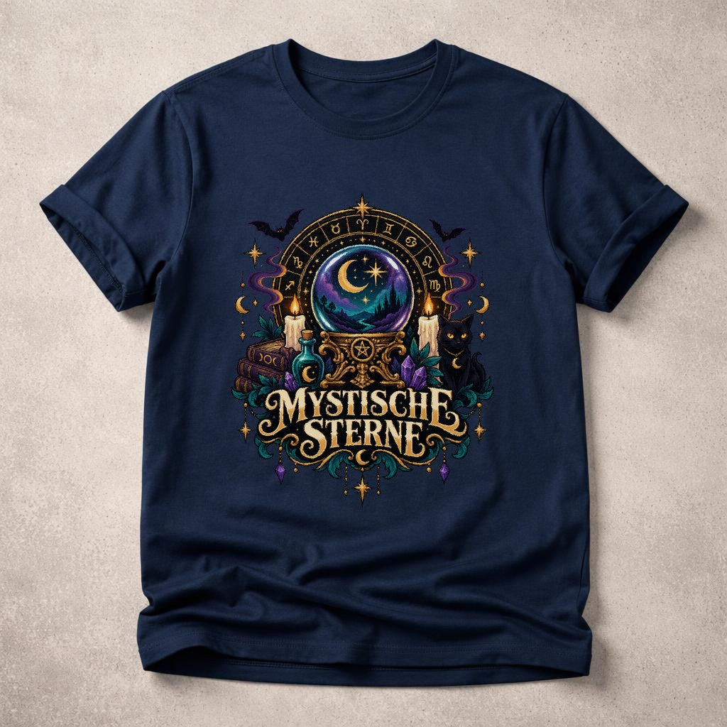 Mystische Sterne T-Shirt Damen Oversized, Hexen Astrologie Shirt, Gothic Mond Sterne Kristall Katze Geschenk