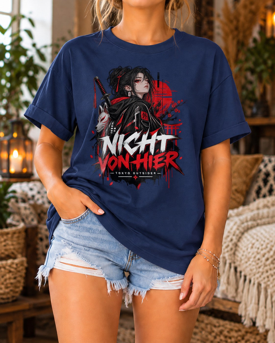 Nicht von Hier T-Shirt Damen Oversized, Anime Samurai Tokyo Outsider Shirt, Gothic Streetwear Geschenk