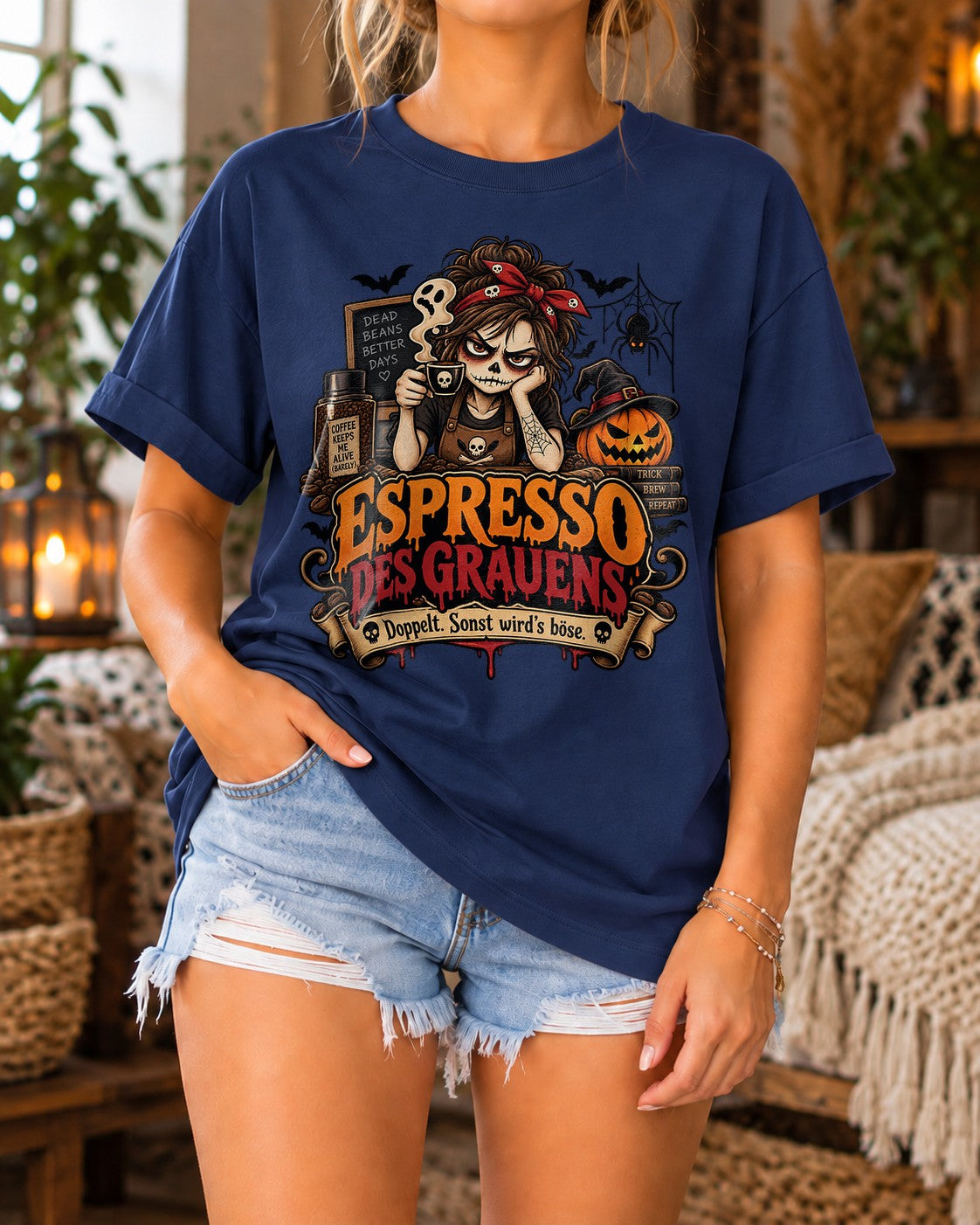 Espresso des Grauens T-Shirt Damen Halloween Kaffee Gothic Shirt lustig Koffein Spruch Herbst Hexe Pumpkin Tee