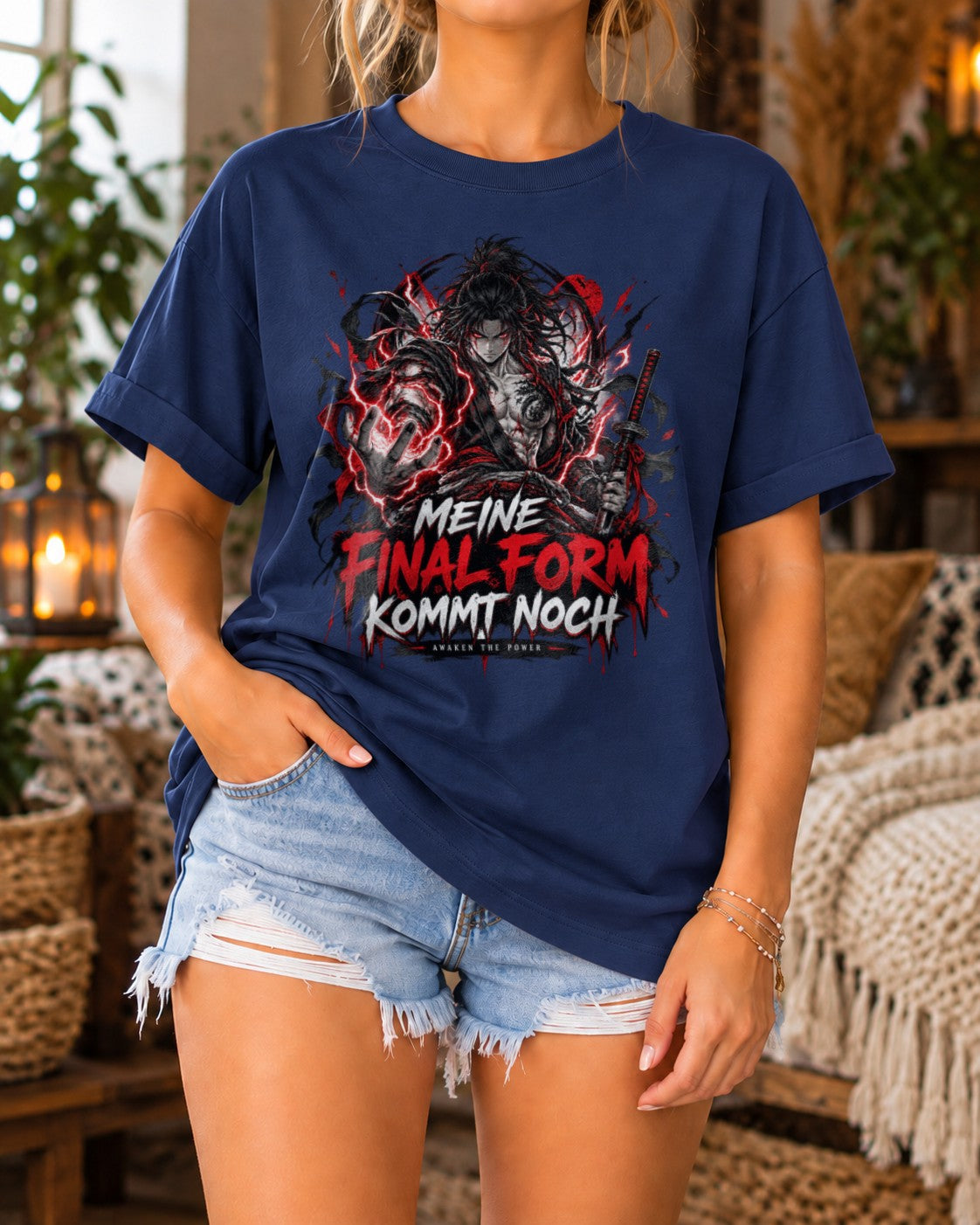 Anime Samurai T-Shirt Damen Oversized Vintage Washed - Meine Final Form Kommt Noch, Manga Grafikshirt Schwarz