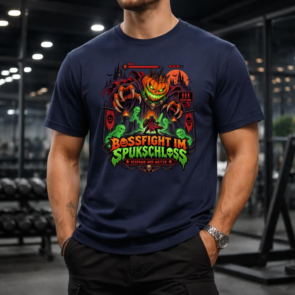 Bossfight im Spukschloss T-Shirt Halloween Gamer Shirt Unisex Grusel Gaming Funshirt Pumpkin Boss Tee