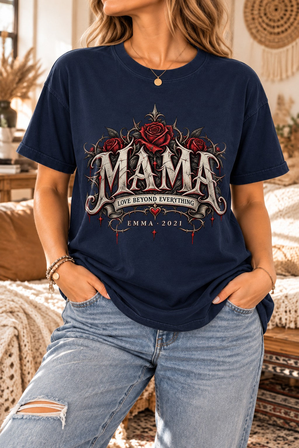 Personalisiert Mama T-Shirt mit Namen & Wunschjahr, Gothic Rosen Shirt Damen, Geschenk für Mutter individuell