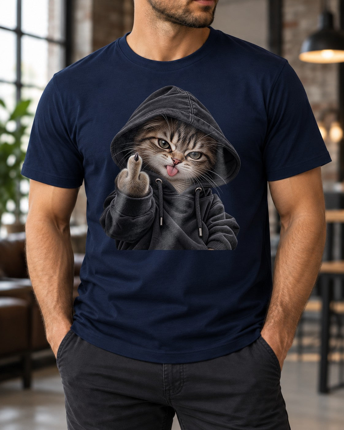 Lustiges Katzen T-Shirt mit frecher Hoodie Katze & Mittelfinger, schwarzes Funshirt fuer Maenner und Frauen