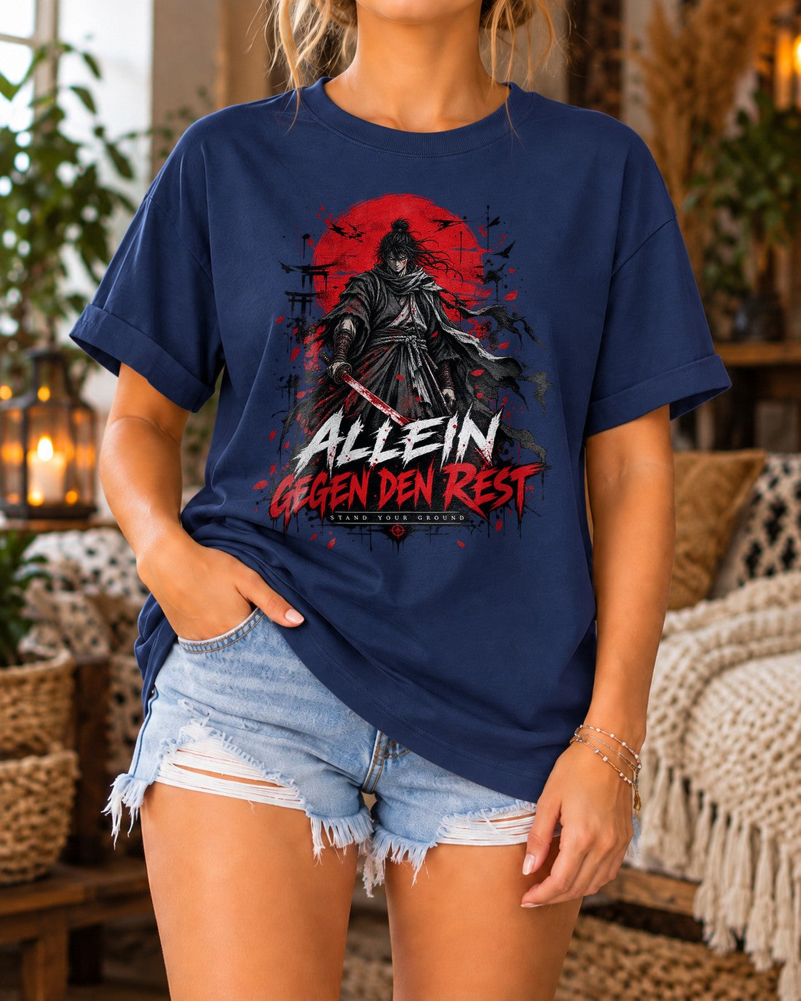 Allein Gegen Den Rest T-Shirt Damen Oversized, Samurai Anime Shirt Vintage Washed, Streetwear Grafiktee Schwarz