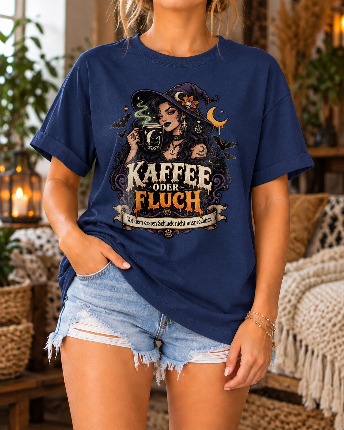 Kaffee oder Fluch T-Shirt Damen Oversized, Gothic Hexe Kaffee Spruch Shirt, Lustiges Halloween Witchy Tee