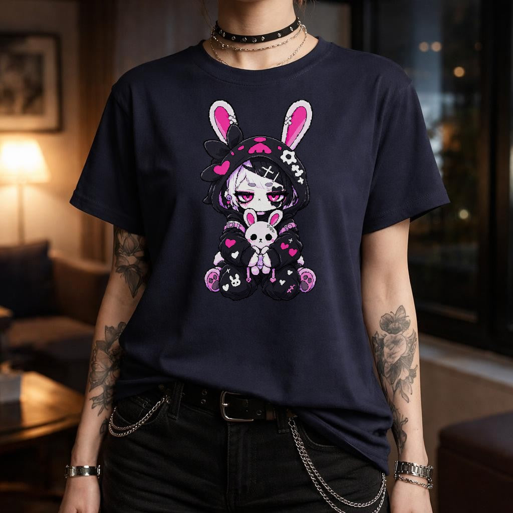 Cute Gothic Bunny T-Shirt Damen | Kawaii Gothic Anime Shirt mit süßem Hasen Motiv