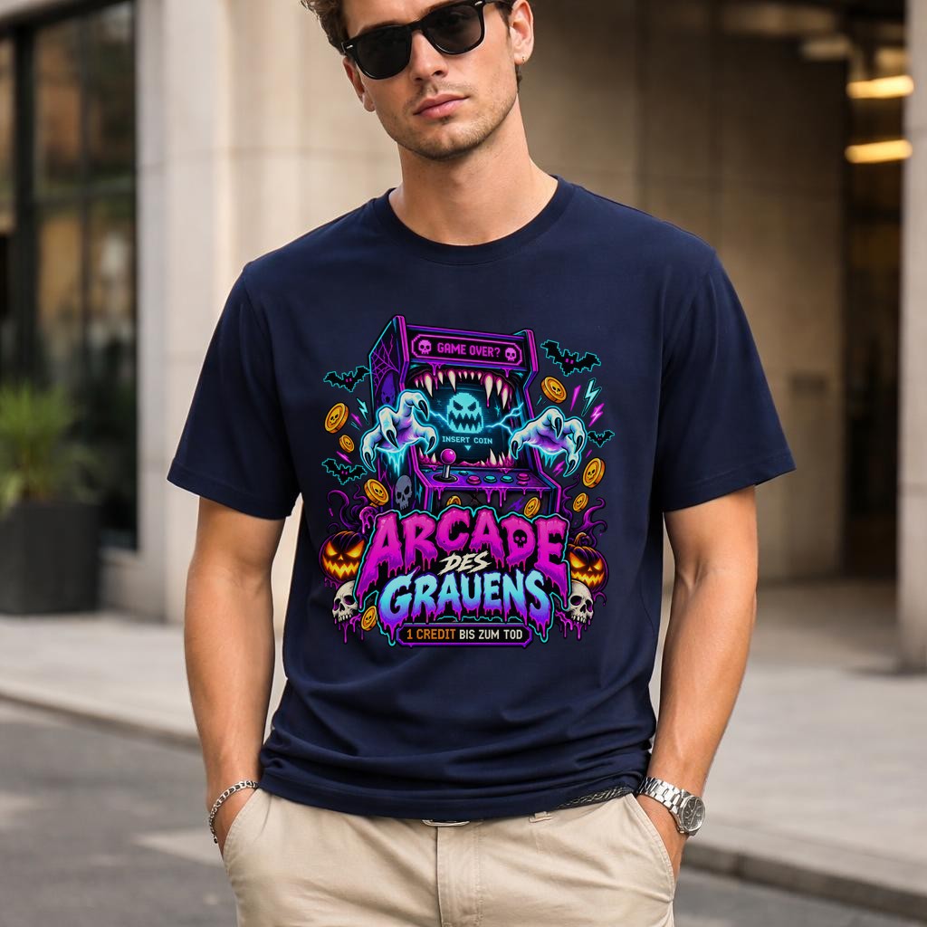 Arcade des Grauens T-Shirt Herren Damen, Horror Gamer Shirt, Halloween Retro Arcade Tee, Neon Grusel Funshirt Unisex