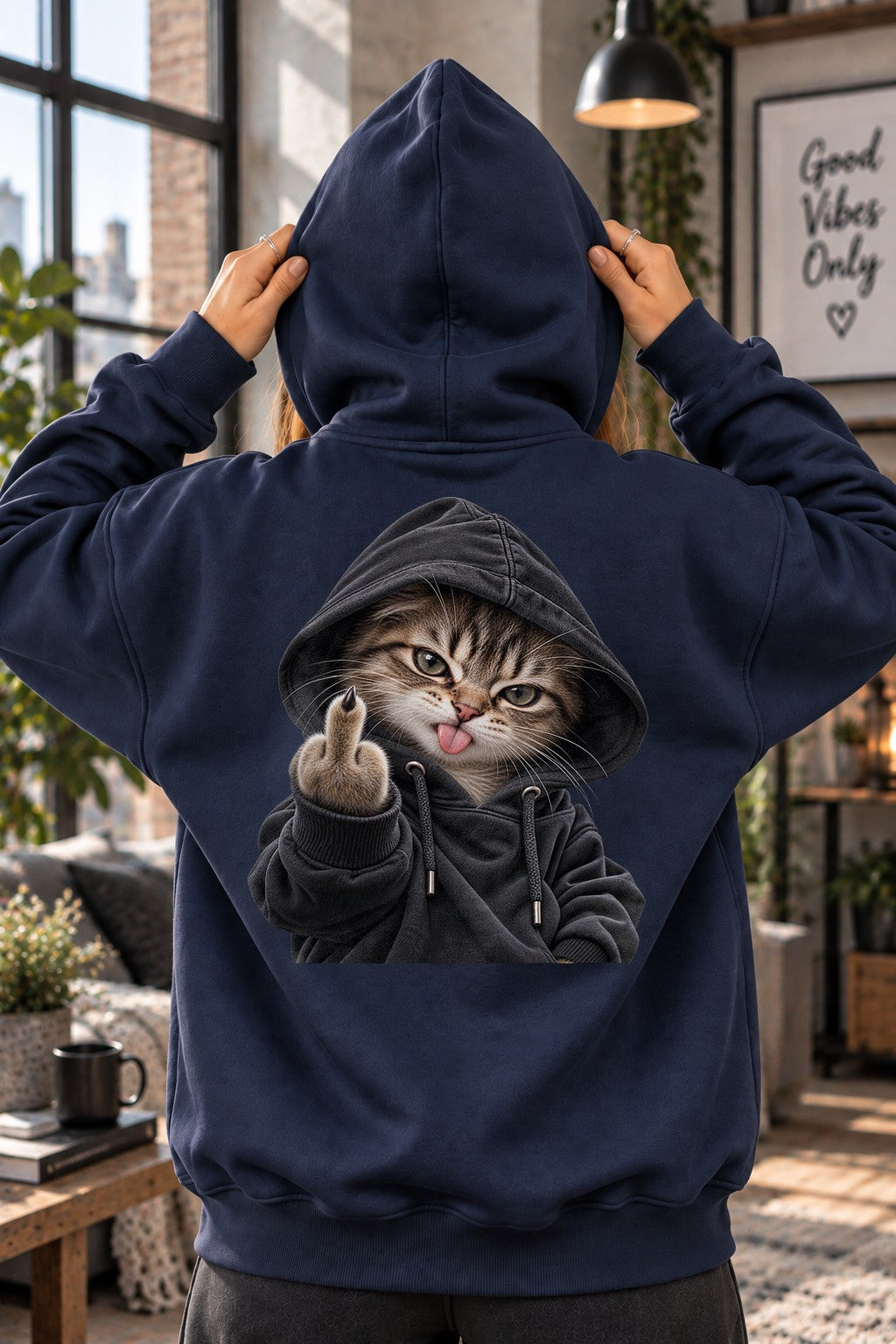 Freche Katze Hoodie Schwarz, Streetwear Katzen Pullover mit Mittelfinger Cat Print, Lustiger Unisex Backprint Hoodie