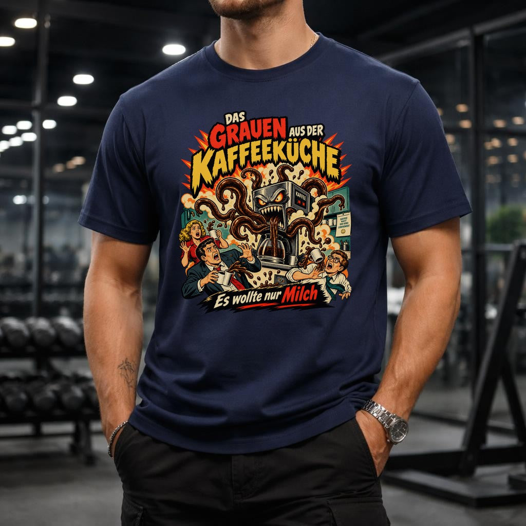 Lustiges Büro Kaffee T-Shirt Herren Damen – Das Grauen aus der Kaffeeküche – Sarkastisches Funshirt Arbeit