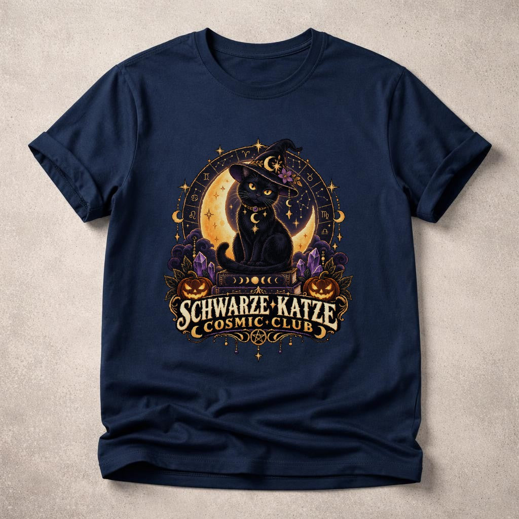 Schwarze Katze Cosmic Club T-Shirt Damen Oversized Halloween Witchy Cat Shirt Gothic Retro Mond Katze