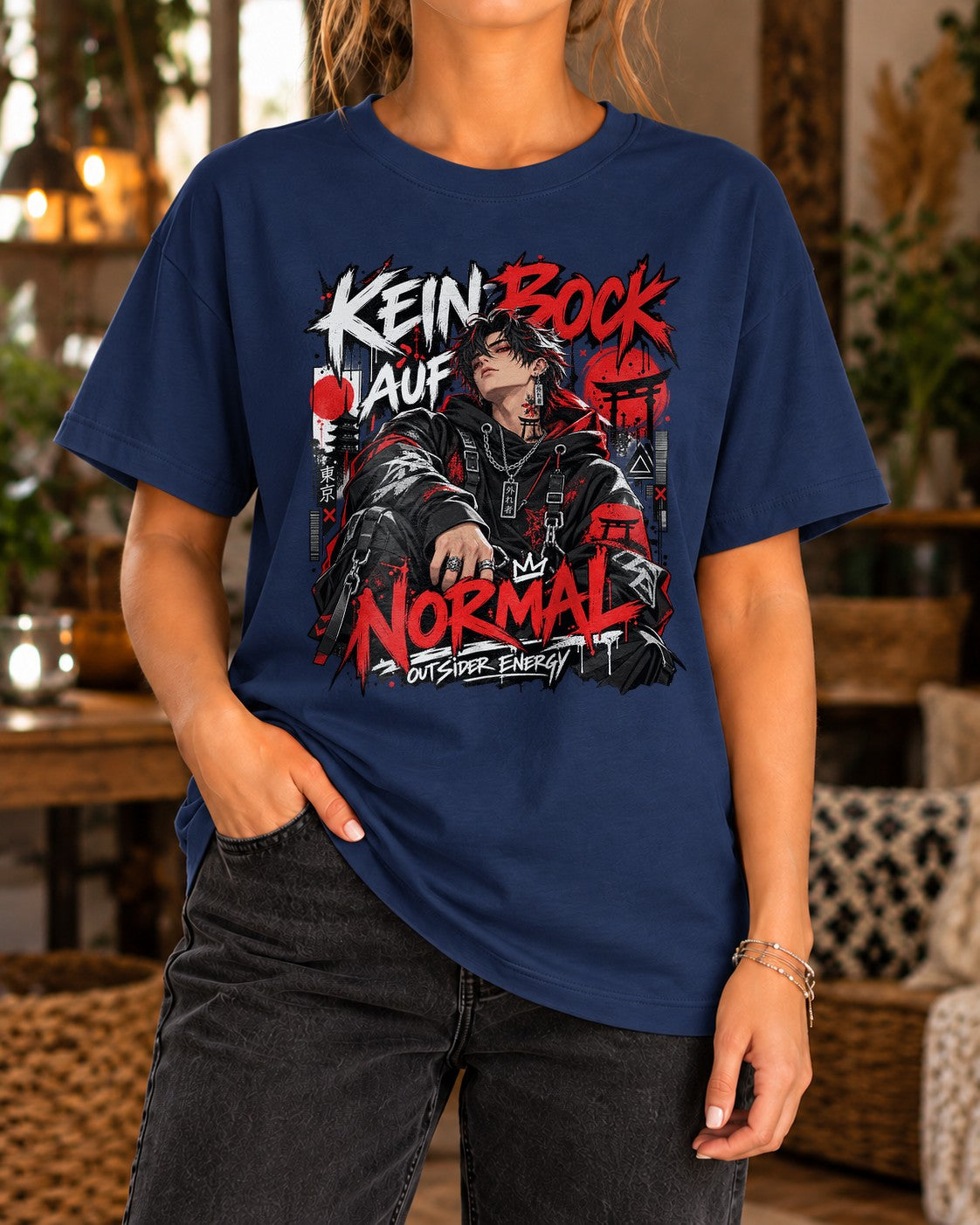Camiseta Oversized "Kein Bock auf Normal" para mujer, camiseta de streetwear estilo anime, negra, camiseta unisex con gráfico "Outsider Energy"