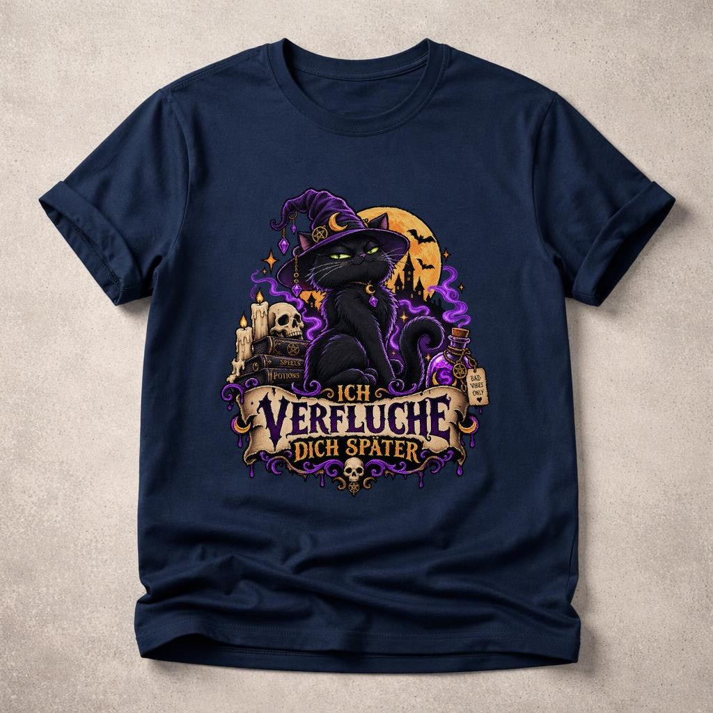 Hexenkatze T-Shirt Damen Lustig Ich verfluche dich später Gothic Halloween Katze Spruchshirt Schwarz