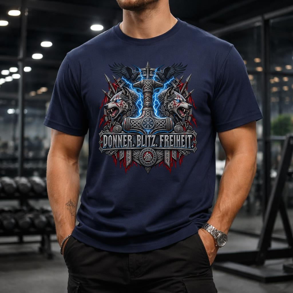 Wikinger T-Shirt Donner Blitz Freiheit, Wolf Thor Hammer Shirt Herren
