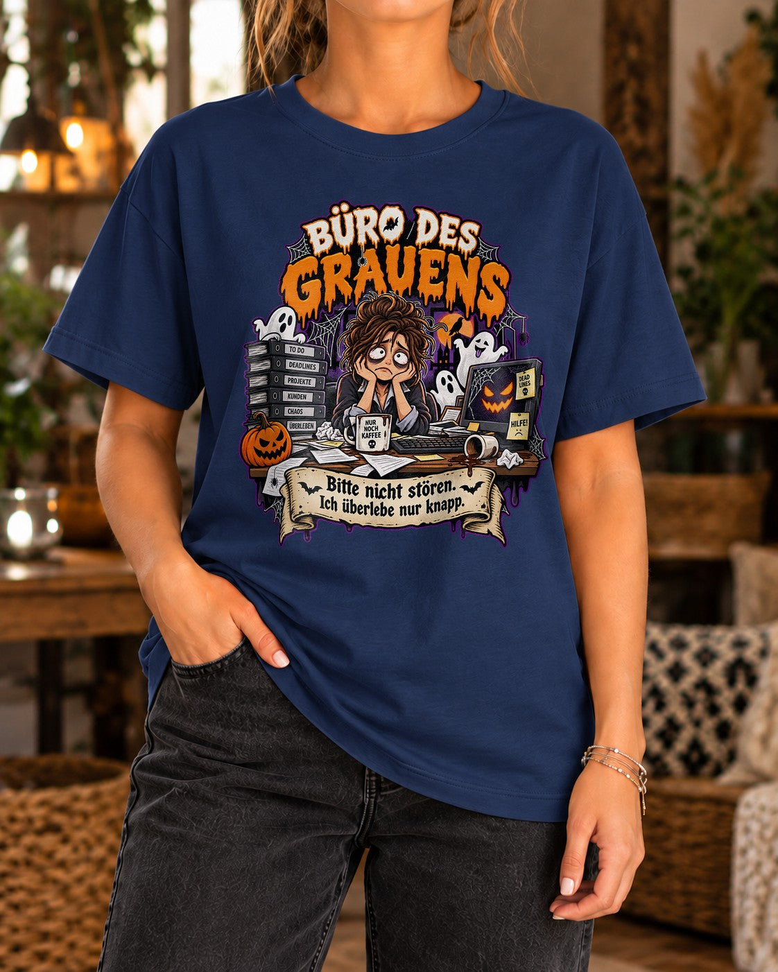 Büro des Grauens T-Shirt Damen Oversized Halloween Büro Humor Shirt Kollegin Geschenk Washed Vintage Look