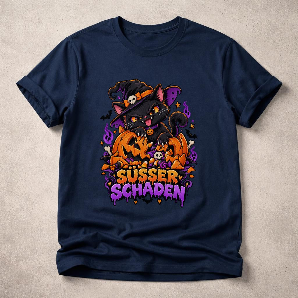 Süsser Schaden Halloween Katze T-Shirt Damen, Schwarze Katze Hexe Kürbis, Lustiges Spooky Shirt Herbst