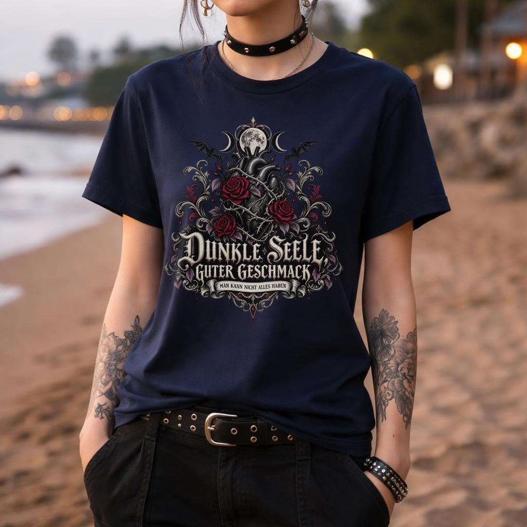 Dunkle Seele Guter Geschmack Gothic T-Shirt Damen mit Rosen und Herz – Dark Aesthetic Funshirt