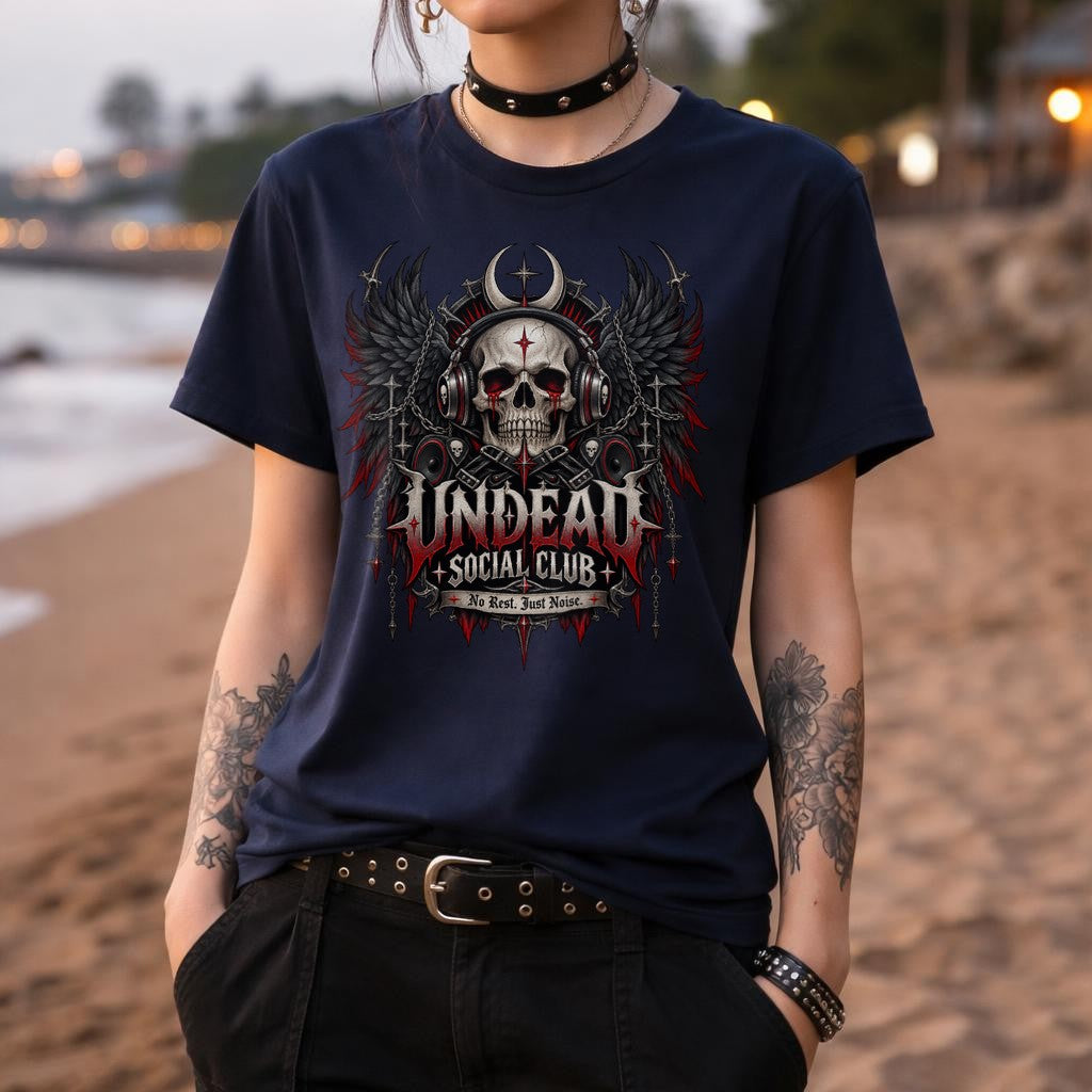 Undead Social Club Gothic Skull T-Shirt, Death Metal Shirt Damen, No Rest Just Noise