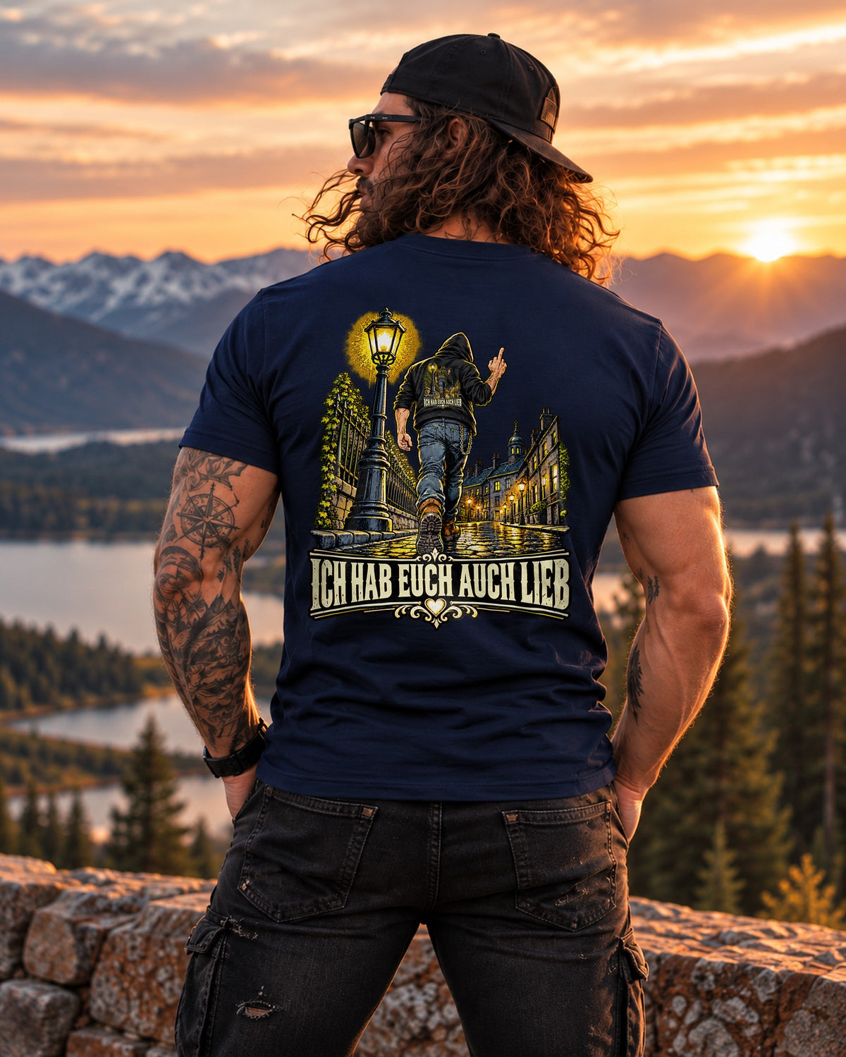 Ich hab euch auch lieb Backprint T-Shirt mit Nachtstadt Motiv und Mittelfinger Spruch, lässiges Herren Shirt Geschenk