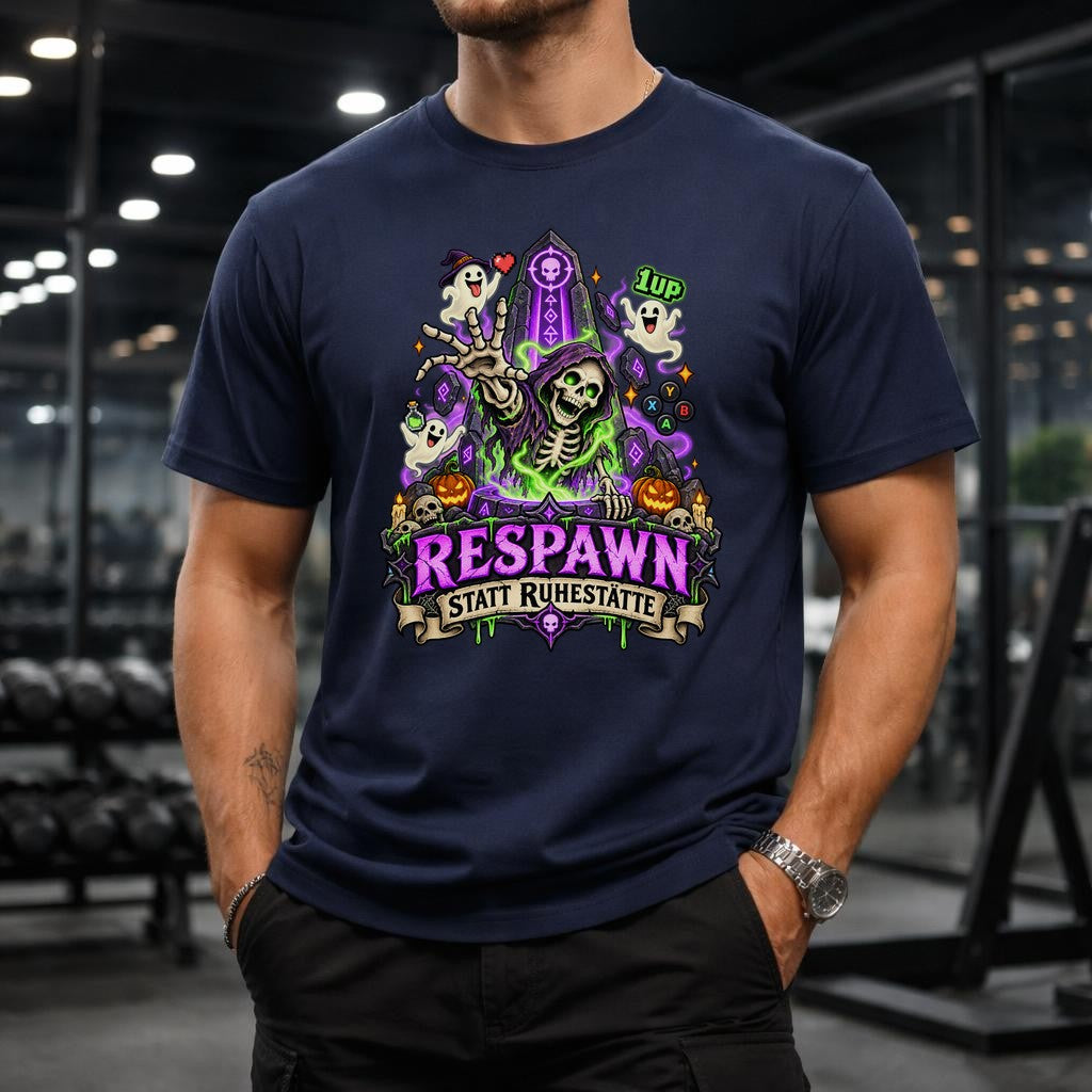 Respawn statt Ruhestätte T-Shirt Gamer Halloween Skelett Ghost Retro Gaming Geschenk Unisex