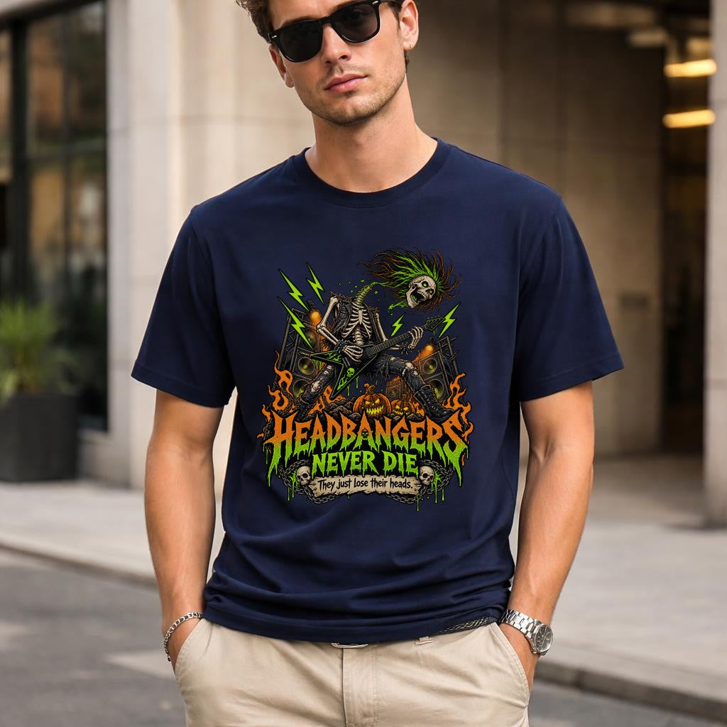 Headbangers Never Die T-Shirt Herren Unisex, Metal Halloween Shirt mit Skelett Gitarrist, Rocker Geschenk lustig