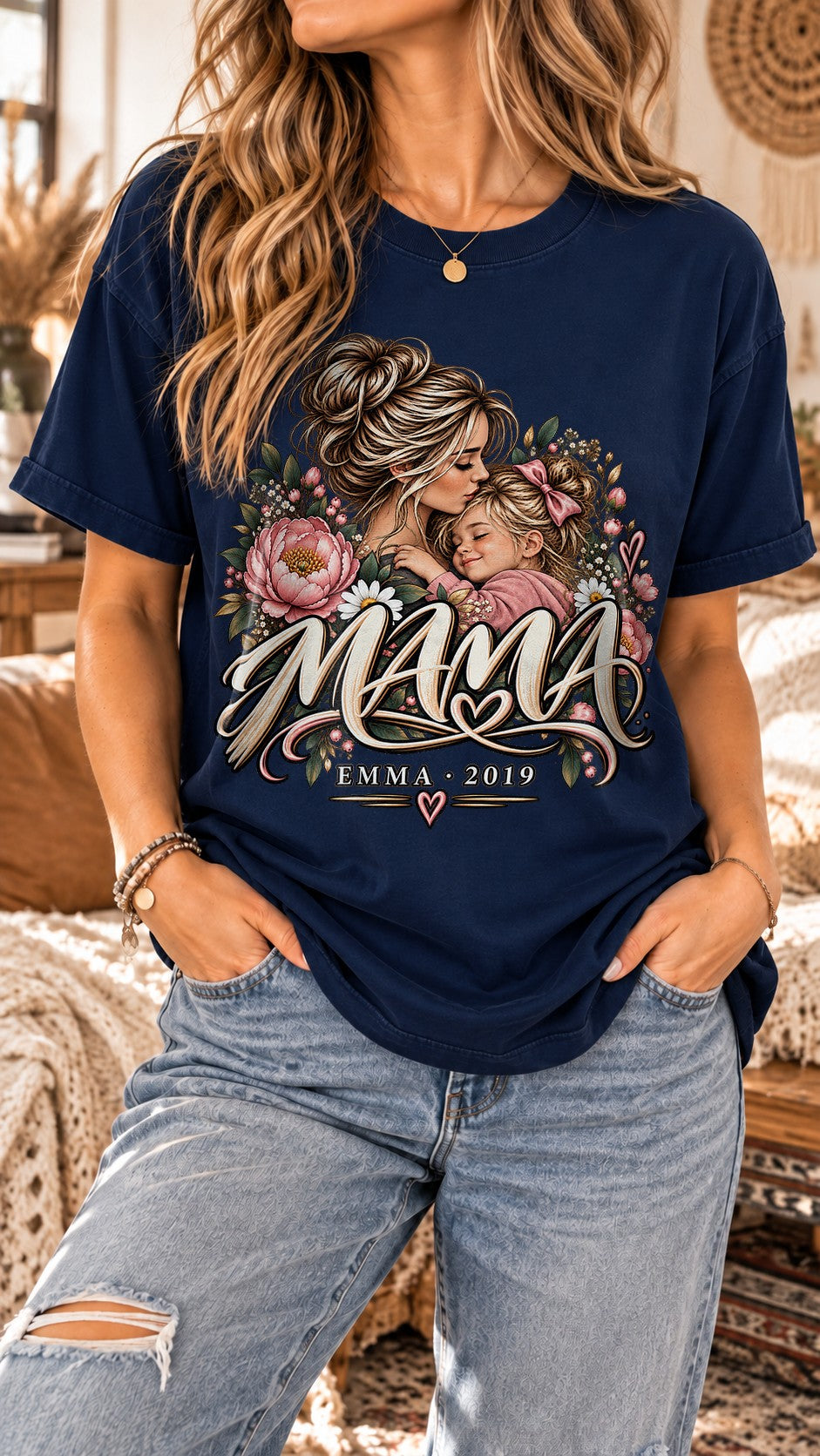 Personalisiert Mama T-Shirt mit Name & Wunschjahr, Blumen Mutter Tochter Shirt, Geschenk fuer Mama, Mama Geschenk individuell